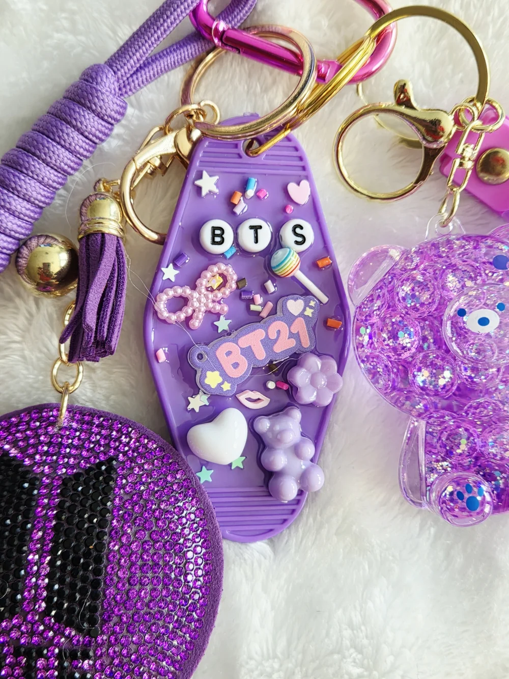 BTS Purple Rhinestone Keychain Charm Set Stunning K Pop Bag Charm